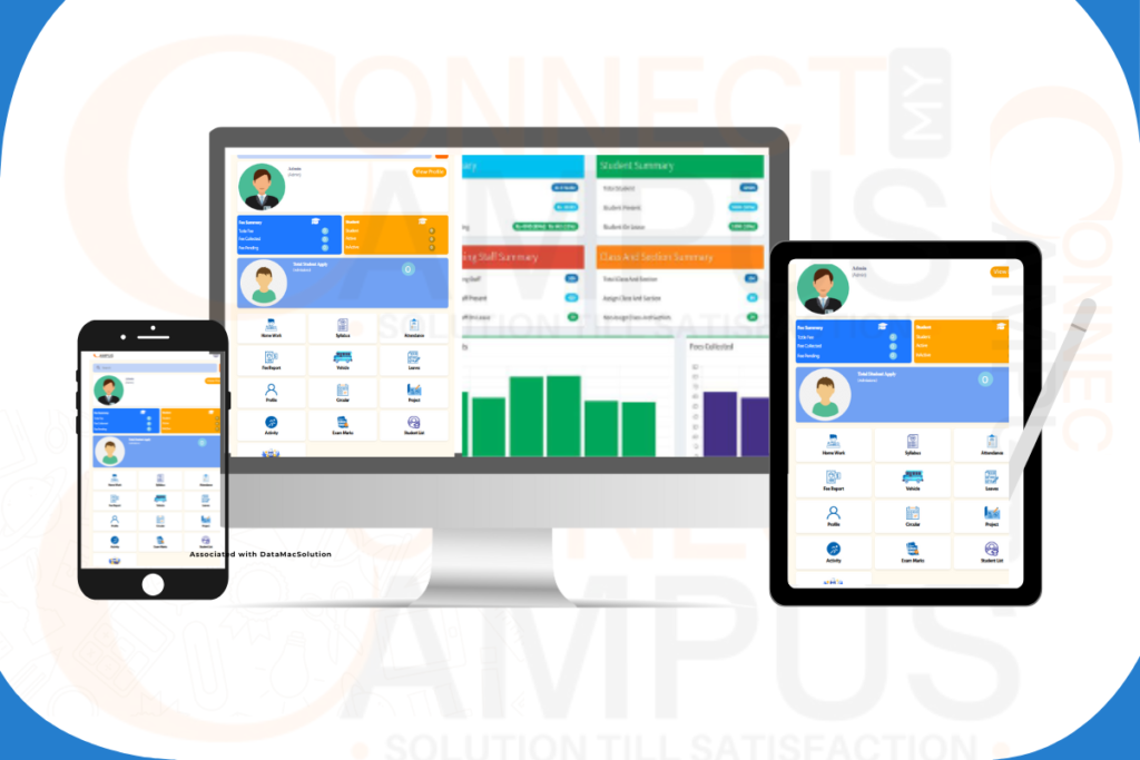 Dashboard view of Connect My Campus — an advanced school management software displayed on a desktop, tablet, and smartphone screen, showing student profiles, analytics charts, and management tools in a responsive layout.